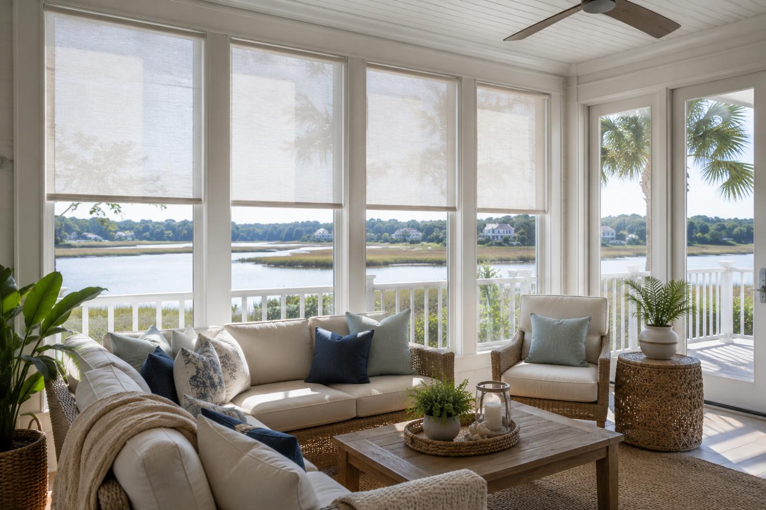 Coastal home with custom window treatments