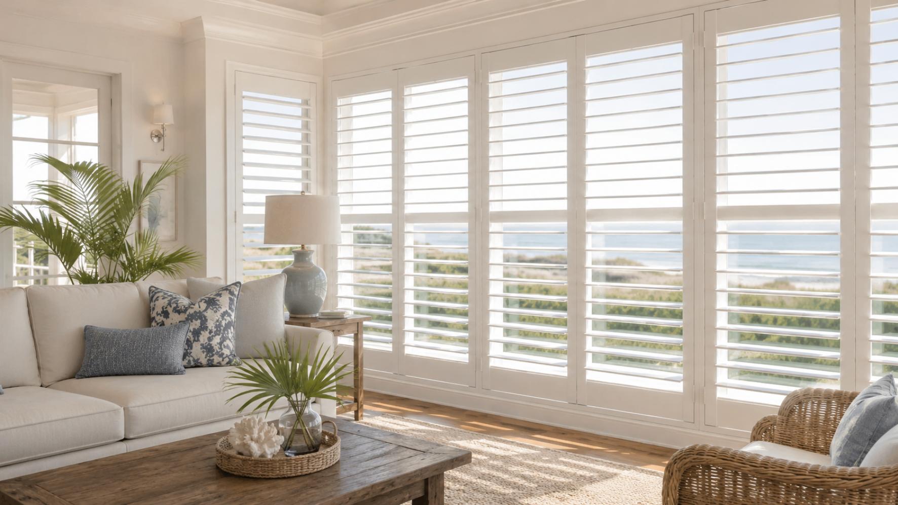 Custom white plantation shutters in a bright coastal living room with natural light and ocean-inspired decor.
