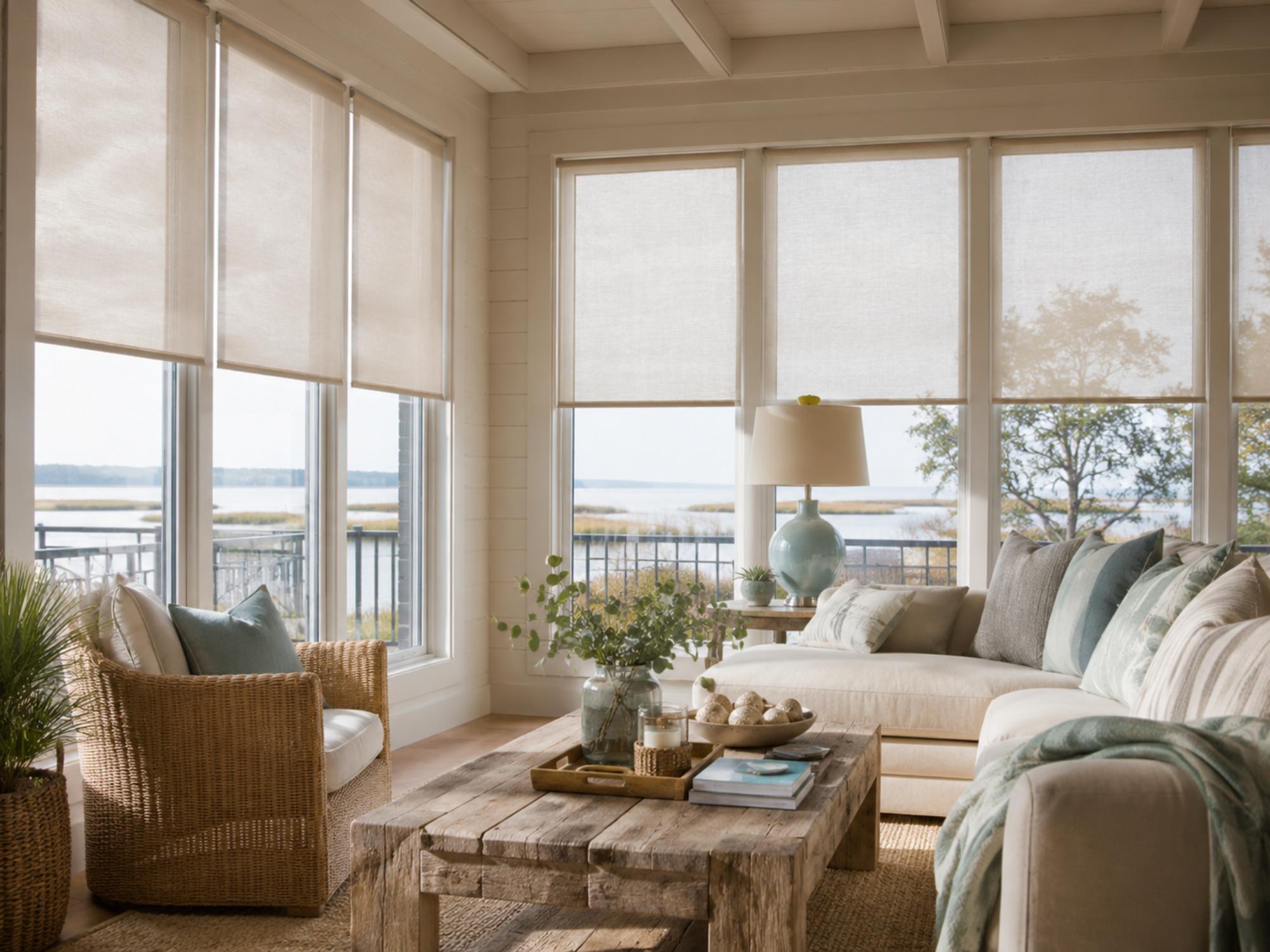 Coastal home with custom window shades