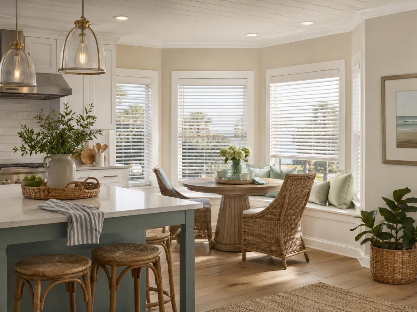 Coastal home with custom window blinds