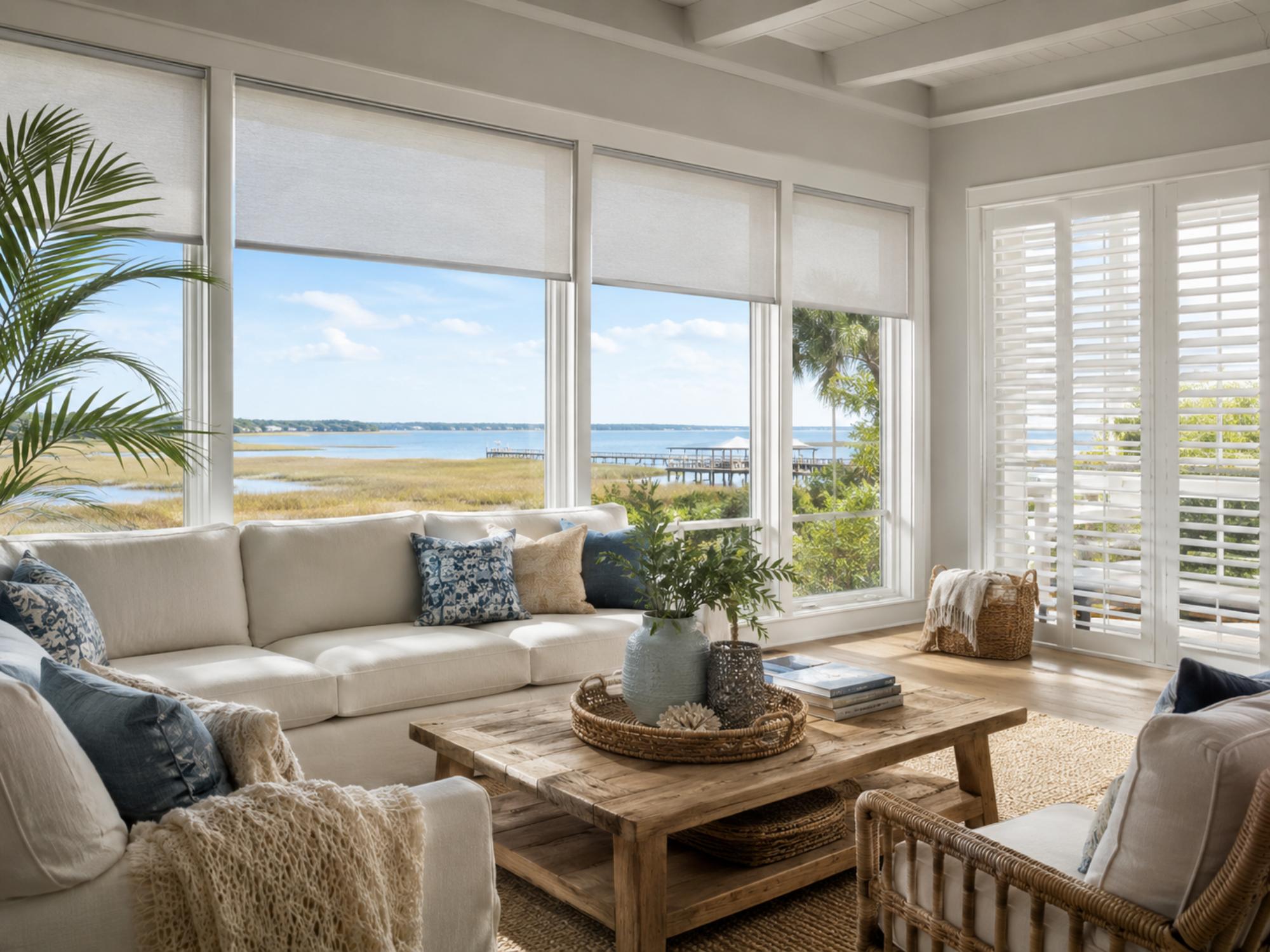 Custom window treatments for a coastal Carolina home