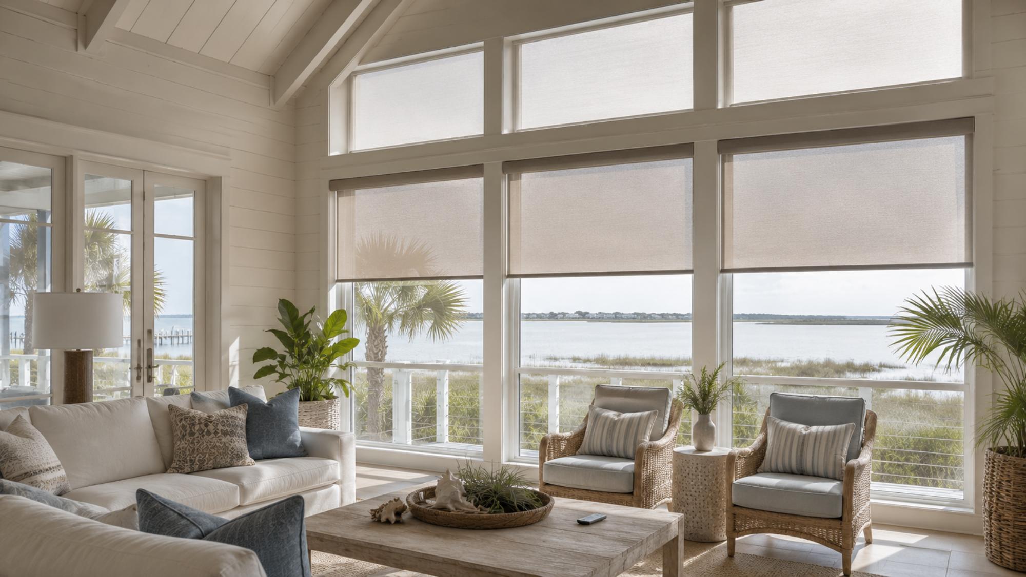 Coastal home with custom window blinds