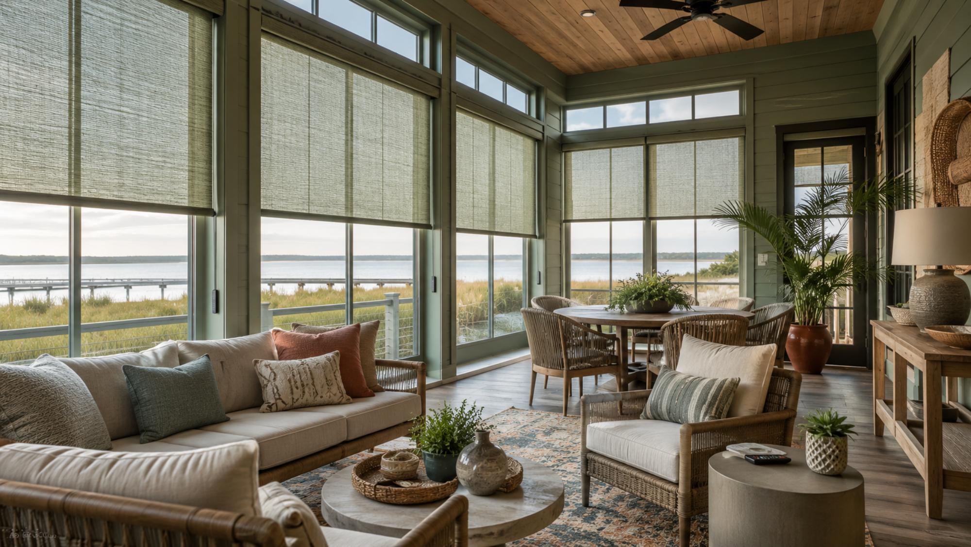 Coastal home with custom window blinds