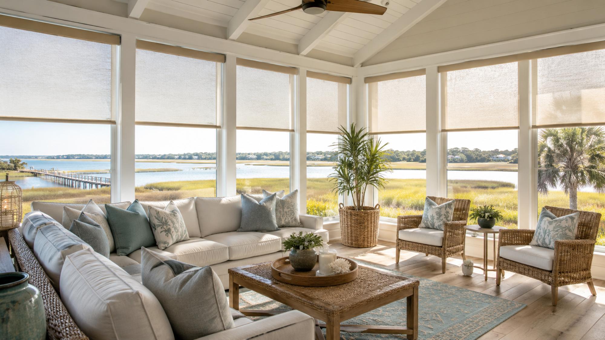 Coastal home with custom window treatments