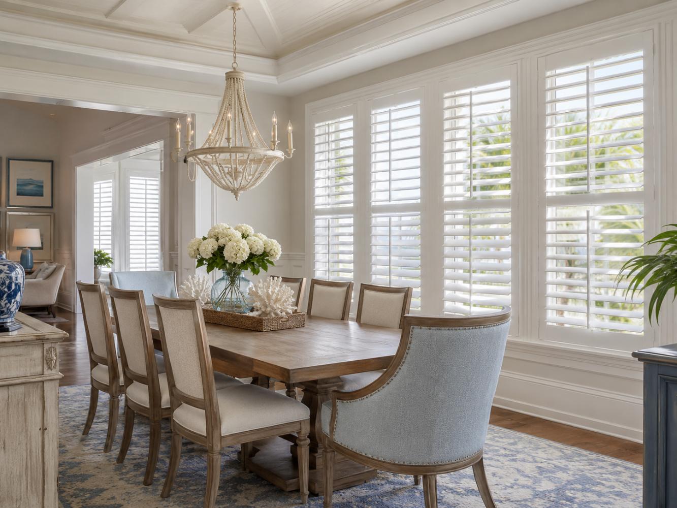 Custom plantation shutters in a coastal North Carolina dining room