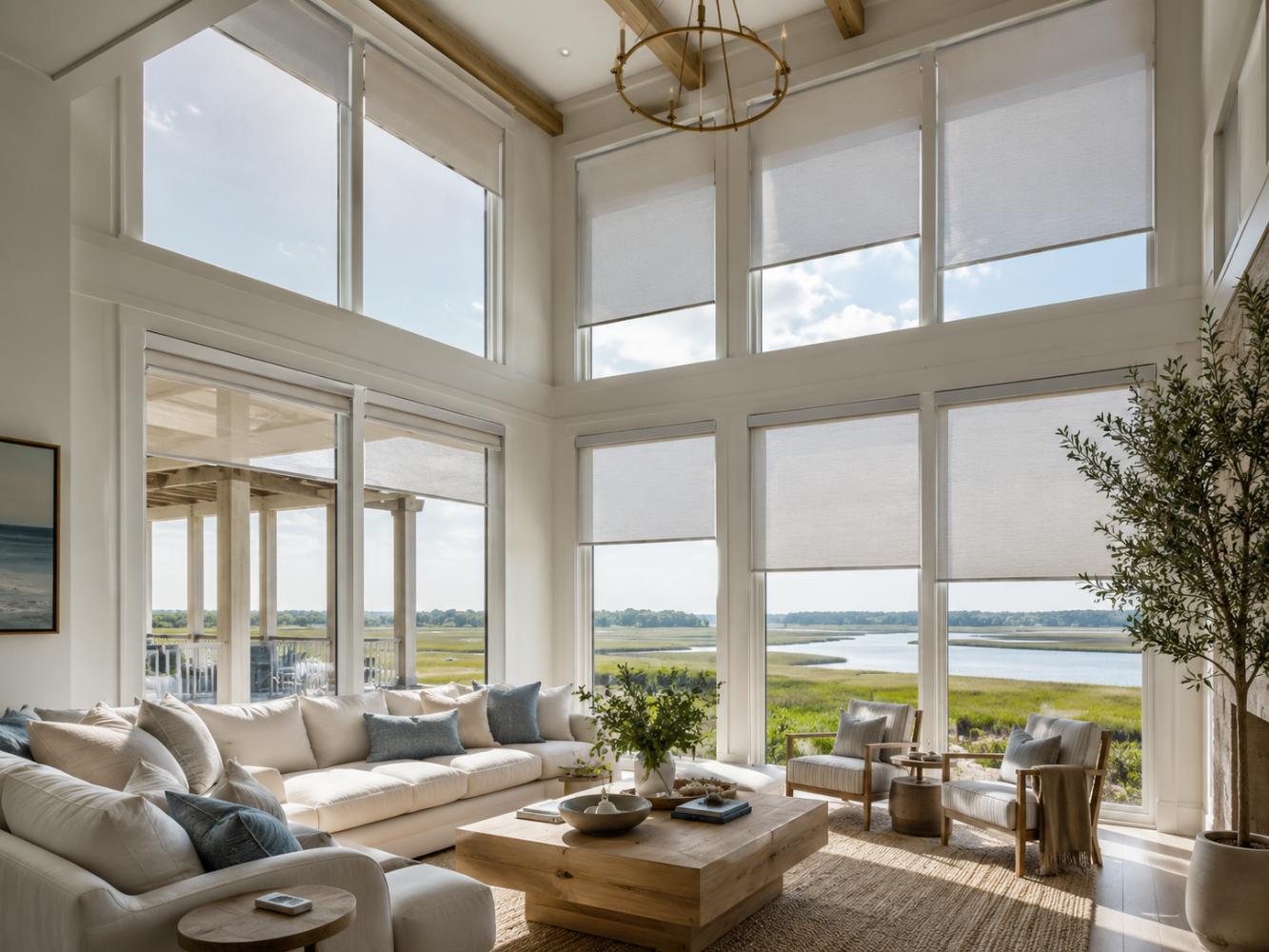 Motorized shades for large interior windows in a coastal North Carolina home