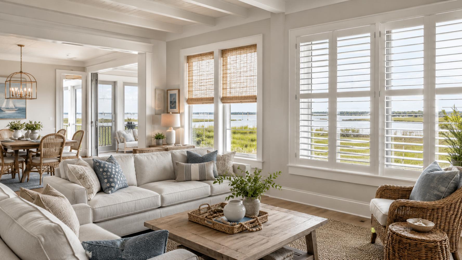 Custom window treatments for a coastal Carolina home