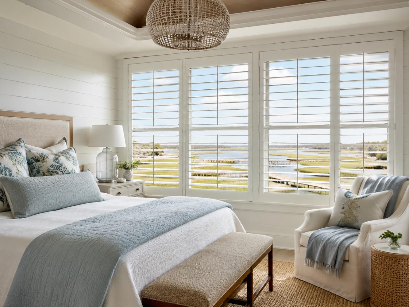 Plantation shutters in a coastal home